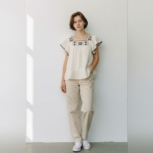 NWT LC WAIKIKI Cream Blouse with Black Embroidery